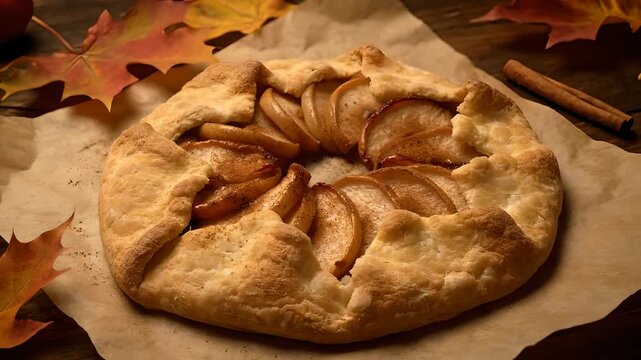 Warm homemade apple galette with cinnamon and sliced apples on rustic parchment paper, surrounded by vibrant autumn leaves. Ideal for fall baking, holiday desserts, and cozy food content.
