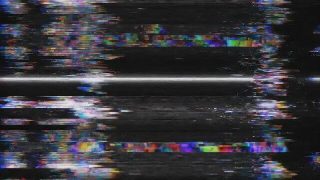 Aggressive digital glitch effect distorting signals across video frames. Visual noise and pixel breakdown in abstract tech animation. Malfunctioning data stream visualization for cyber disruption