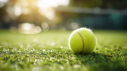 A bright yellow tennis ball rests on a sunlit grass court. The closeup shot highlights the textures and sporty atmosphere of a tennis match setting.