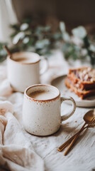 A rustic ceramic coffee mug sits on a linen-draped table. Cozy breakfast vibes are enhanced by golden cutlery and warm pastries in a soft, natural light.