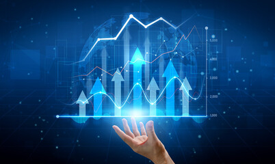 A digital illustration of financial graphs and data visualizations, showcasing upward trends in a blue background, with a human hand reaching toward growth and opportunity. Scalp