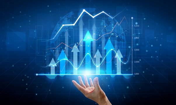 A digital illustration of financial graphs and data visualizations, showcasing upward trends in a blue background, with a human hand reaching toward growth and opportunity. Scalp - Powered by Adobe