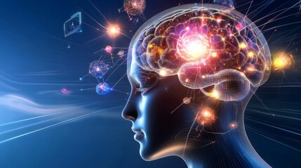 Digital illustration of a human head showcasing glowing brain activity and neural connections, set against a vibrant blue background with abstract elements