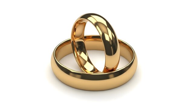 Two interlocking gold wedding bands on white background