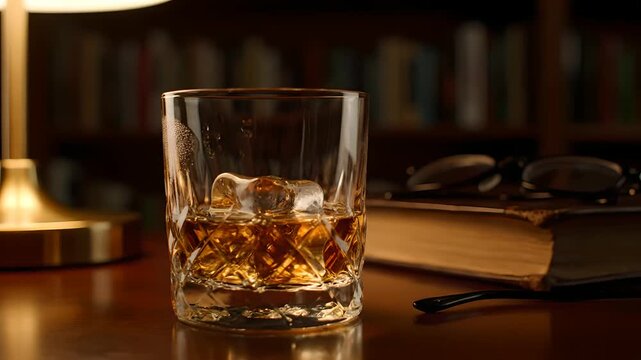 Whiskey glass with ice cubes on a wooden desk. Water splashes on ice, creating ripples. Classic study setting with a lamp, book, and reading glasses, evoking luxury, relaxation,