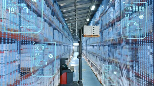 AI in Warehouse Management. AI Warehouse Automation. Artificial Intelligence in Warehouse. Smart logistic concept. The concept of operating a large multi-level warehouse, inside. Interior. 