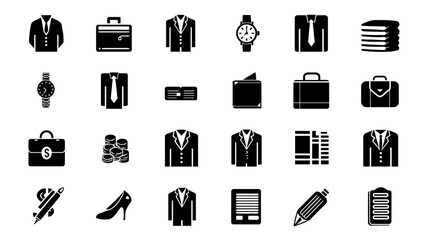 Professional Business Icons Set: Corporate Attire, Fashion Accessories, Office Tools, and Finance Elements. Modern Glyph Collection.
