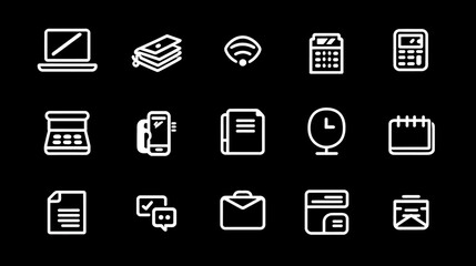 Collection of modern white outline icons for business, finance, technology, office, and communication concepts on black background.