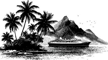 Vintage style illustration of a tropical island paradise with palm trees, ocean, mountains, and a large cruise ship.