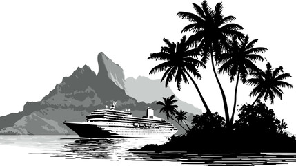 Tropical island paradise illustration with a cruise ship anchored near palm trees and mountains. Ideal for vacation and travel themes.