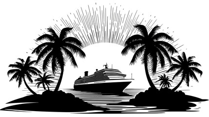 Monochromatic tropical cruise ship voyage between palm tree islands with radiant sunburst, vintage style vector illustration for travel and vacation