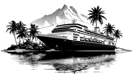Black and white illustration of a large cruise ship, tropical island with palm trees, mountains, and water reflection. Travel vacation concept.
