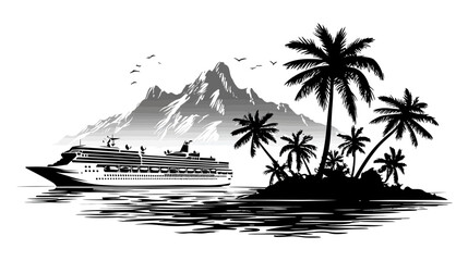 Cruise ship on the ocean, sailing past a tropical island with palm trees and distant mountains. Black and white travel illustration.