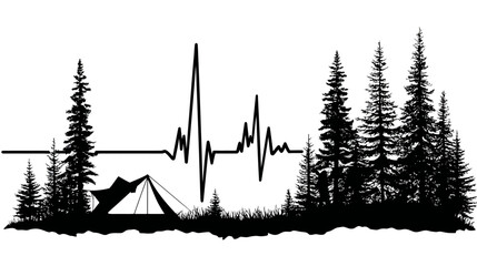 Outdoor adventure heartbeat line with forest camping silhouette, pine trees, and pulse illustration. Nature lover concept.