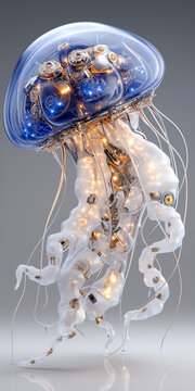 サイバネティック・クラゲの浮遊イメージ（ガラス質&times;金属パーツ）