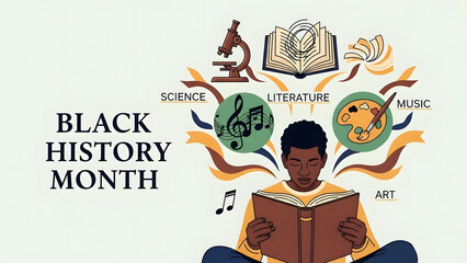Black history month illustration celebrating achievements in science, literature, art, and music