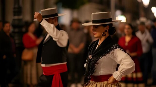 Woman and man flamenco dancers performing on street. Spanish culture traditional show. Iberian folklore performance with a couple.