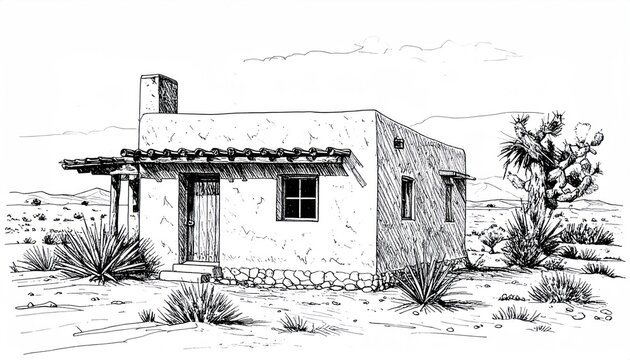 Detailed Pen and Ink Drawing of a Desert Adobe House.