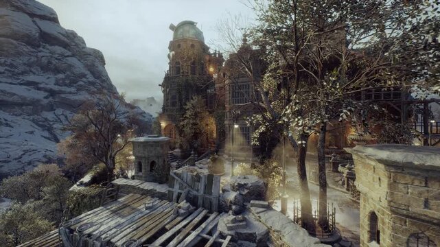 Weathered stone walkway with scaffolding and timber planks, conservationist inspection imagined with tools, chisel marks, dust motes, safety harness and precise