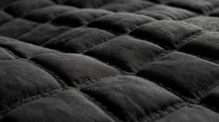 Fototapeta premium Close-up of a black quilted fabric featuring a pattern of raised squares and soft textures, suitable for upholstery and interior design projects