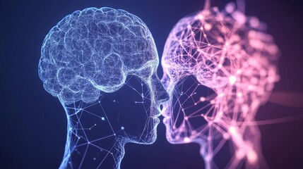 Abstract illustration features two human heads facing each other, interconnected by glowing lines and nodes symbolizing neural networks and digital communication