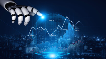 A futuristic robotic hand interacts with a digital globe while displaying finance data visualization, symbolizing technology impact on market analytics and innovation. Scalp
