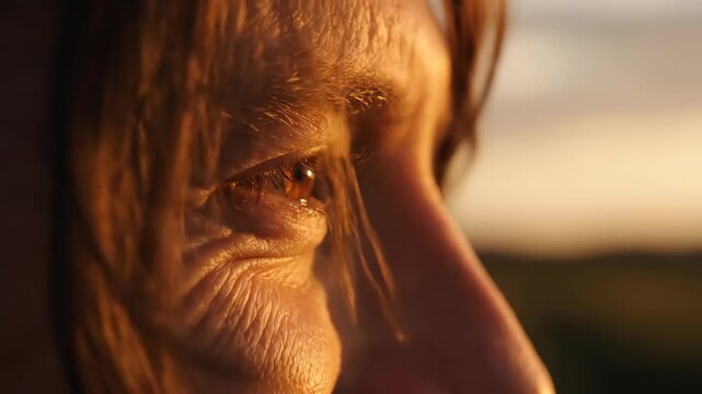 Macro shot of woman&rsquo;s side profile eye. Blinking sequence in close-up. Warm light highlighting facial contours and gaze. Contemplative expression captured in sunset glow.