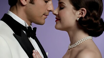 Elegant couple in formal attire standing nose to nose, expressing love and intimacy. Ideal for romantic themes, luxury advertisements, wedding invitations, engagement announcements,