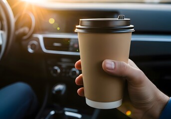 Hand Holding Coffee Cup Inside Car During Morning Commute Concept