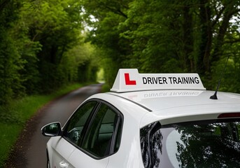 Learner driver training vehicle with L plate roof sign traveling along a secluded tree tunnel road, preparing for the driving test in soft natural light