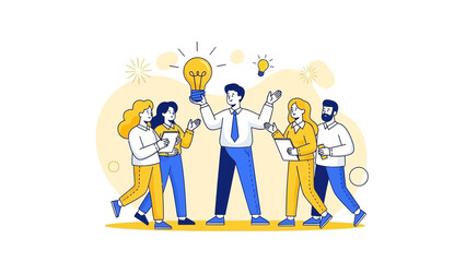 Naklejka premium Teamwork Brainstorming: Business People With Bright Idea Lightbulb