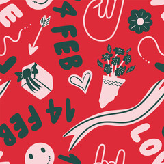 Valentine's Day Seamless Pattern with Love Elements. Template for Pattern, Banner, Gift wrapping paper, and etc.