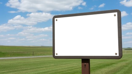 Blank outdoor signboard in green field with blue sky