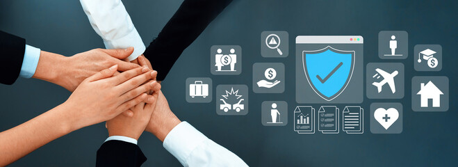 Various insurance icons like travel, health, home, and car protection connected to a central blue...