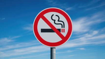 No smoking sign on a pole against a blue sky with clouds