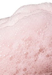 Obraz premium Voluminous pastel pink soap foam lather, ultra-detailed macro shot against a stark white infinity background with abundant copy space, showing iridescent spherical bubbles, concept of luxurious