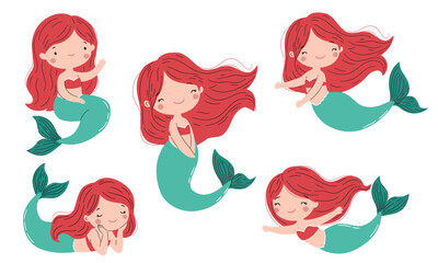 Obraz premium A collection of flat vector illustrations. A cute mermaid with red hair in different poses. . Vector illustration