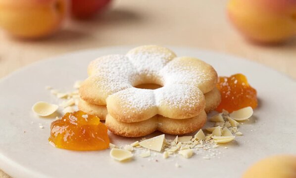white plate topped shortbread cookies covered apricots almonds plate sitting table background slightly bl