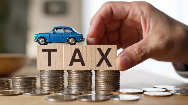 Wooden Blocks Spelling Tax Beside Toy Car On Stacked Coins And Hand Placing Block, Car Tax And Registration Concept With Coin Piles And CloseUp Of Payment And Paperwork