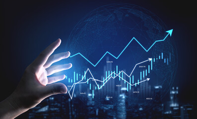 A hand reaching toward a digital graph symbolizes growth and financial progress. The blue lines represent trends and market dynamics on a dark, futuristic background. Scalp
