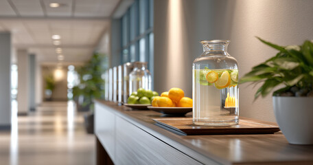 Glass pitcher with citrus infused water on wooden tray in modern hallway with fruit plates and potted plants