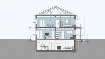 Detailed architectural cross-section of a modern residential building with annotated measurements from a side viewpoint