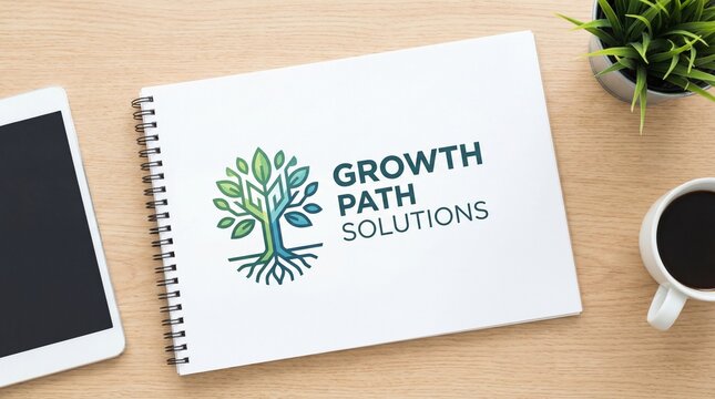 Modern workspace with Growth Path Solutions notebook and coffee