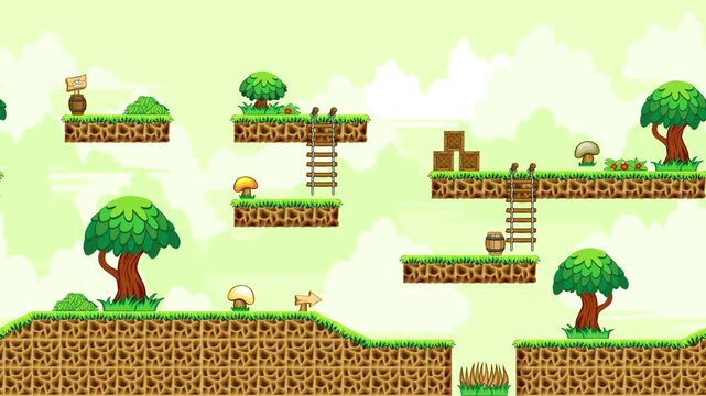 High-quality 4K 2D game background featuring a seamless looping parallax effect. This nature-themed environment is designed for side-scroller platformers and mobile games