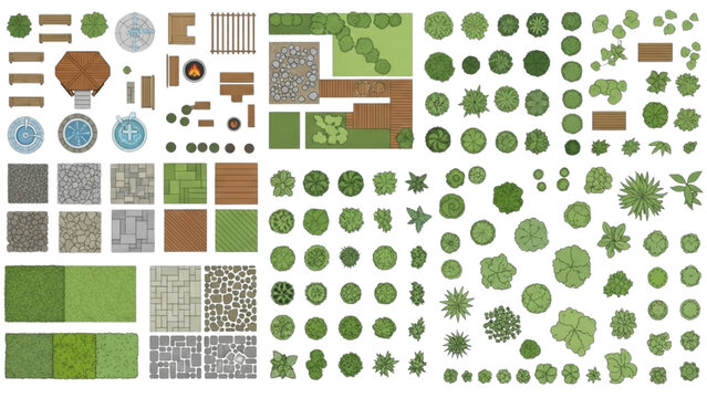 Collection of various green landscape elements and textures from different viewpoints