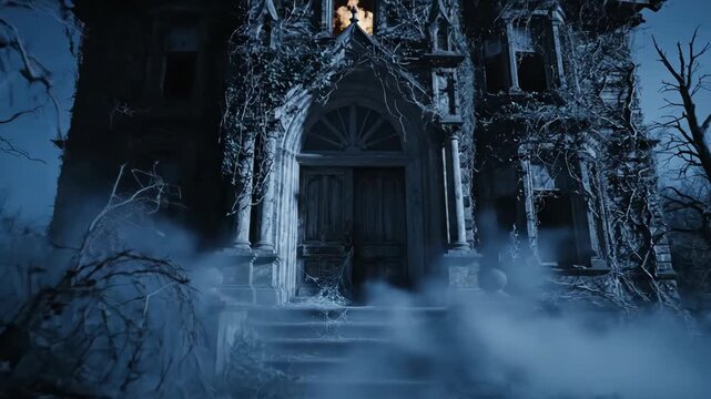 Cinematic establishing shot of a haunted mansion at night. Foggy gothic house with glowing arched window in darkness. Eerie old architecture emerging from mist and bare trees for horror scene