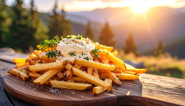 Loaded fries with creamy truffle mayo on a rustic wooden table in warm sunset light