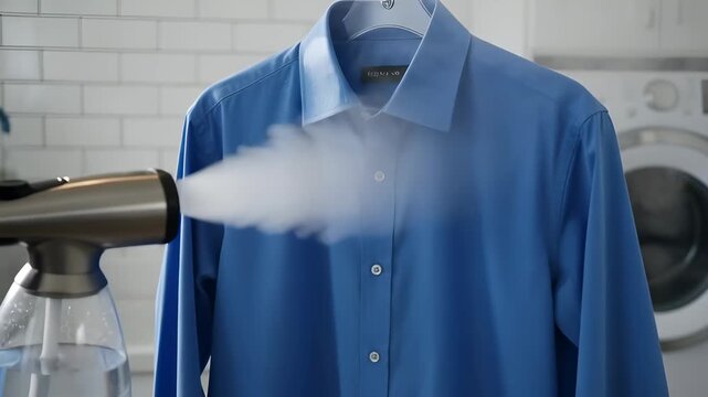 Steamer applying steam to blue shirt for wrinkle removal. Clothes steaming process in laundry room. Home garment care concept.