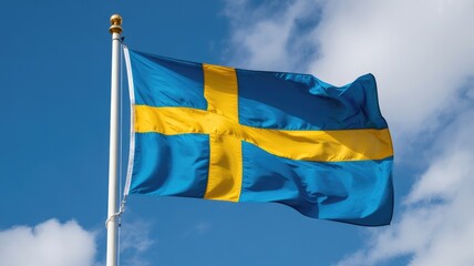 The Swedish flag waving in the wind against a clear blue sky with white clouds