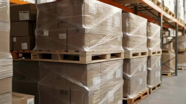Pallets of cardboard boxes wrapped in plastic film on warehouse shelves for logistics, delivery, and storage solution